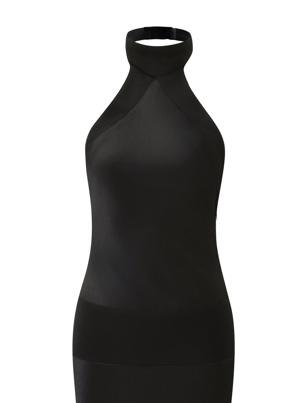 ZAYA MIDI DRESS - BLACK in satin, featuring a high halter neckline and an open back.