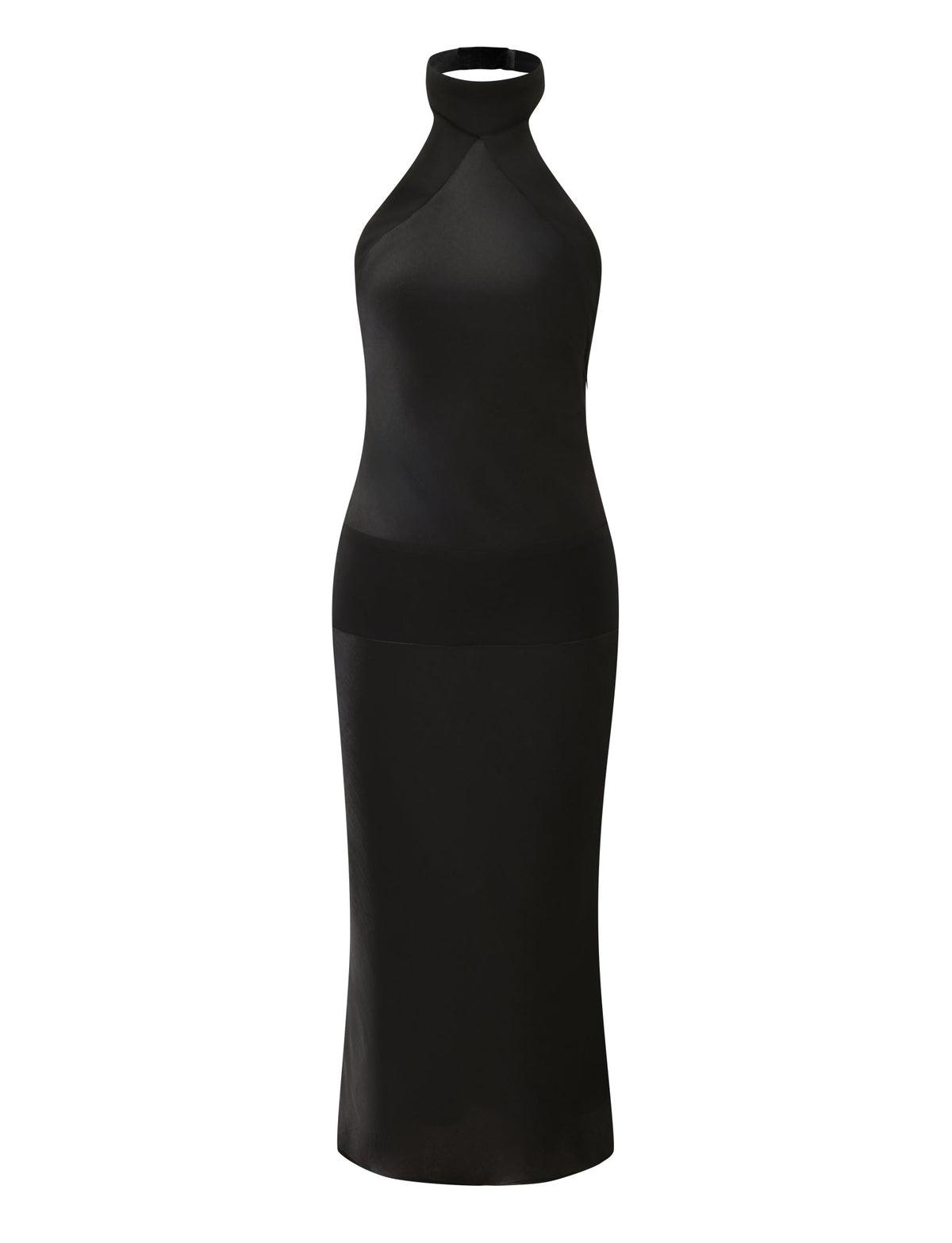 ZAYA MIDI DRESS in black, a satin midi dress with a high halter neckline, fitted silhouette, and open back.