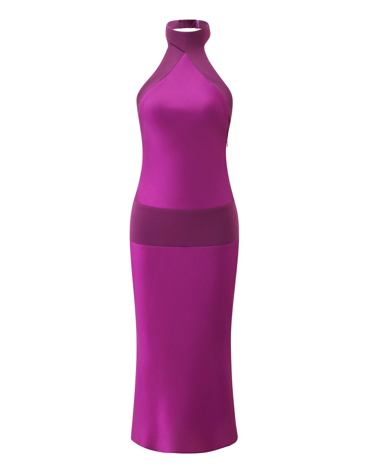The ZAYA MIDI DRESS - MULBERRY by TIGERMIST is a sleeveless satin dress in mulberry with a fitted bodice, high neckline, and midi skirt, featuring sheer bands at the neckline and waist for an elegant evening look.