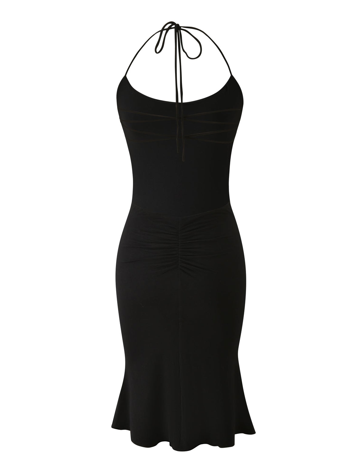 The EVE MIDI DRESS - BLACK by TIGERMIST is a sleeveless black halter neck midi dress with a fitted bodice, ruched bust and waist, 90s neckline, lace-up back, and slightly flared hem.