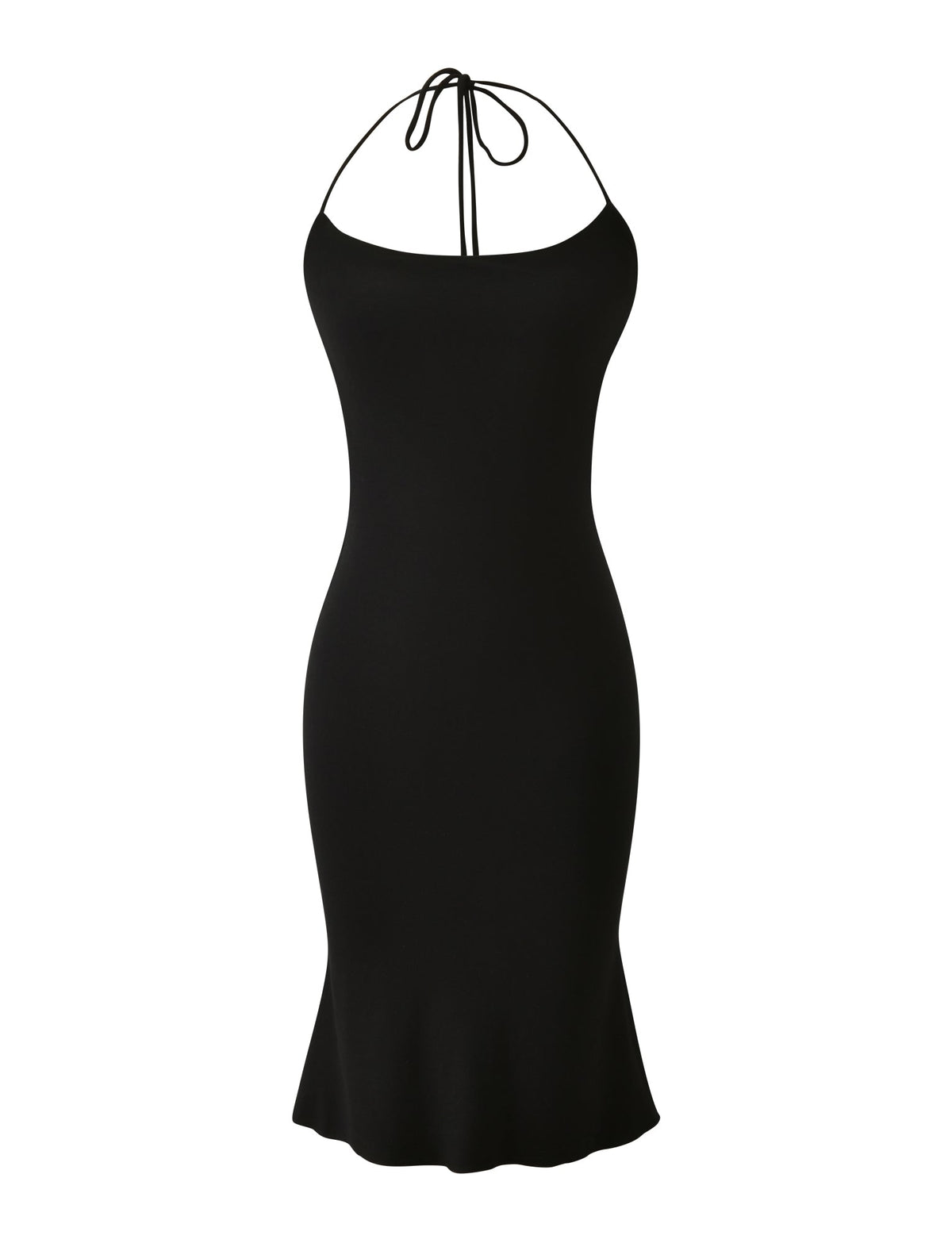 The EVE MIDI DRESS - BLACK by TIGERMIST is a fitted black halter neck midi dress with a 90s neckline and tie detail, shown on a plain white background.