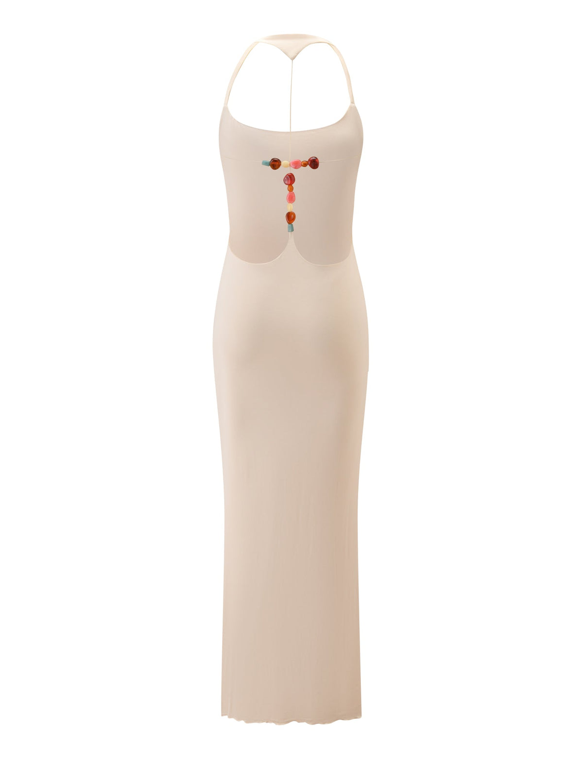 Cream-colored AVRA MAXI DRESS - CREAM featuring a halter neckline, an open back, and a decorative string of multicolored beads across the upper back.