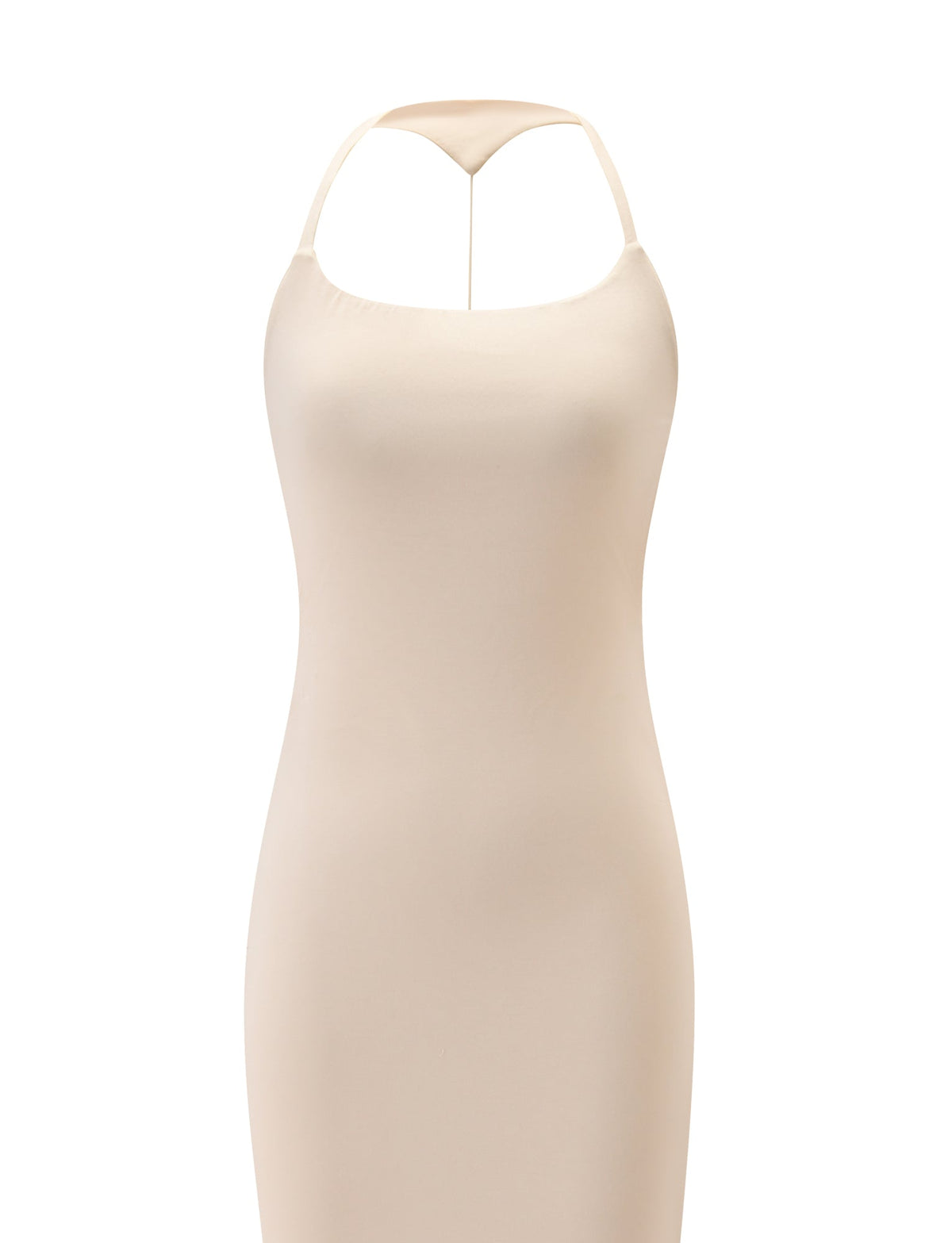 Cream-colored AVRA MAXI DRESS with thin straps and a racerback design, perfect as a formal summer dress.