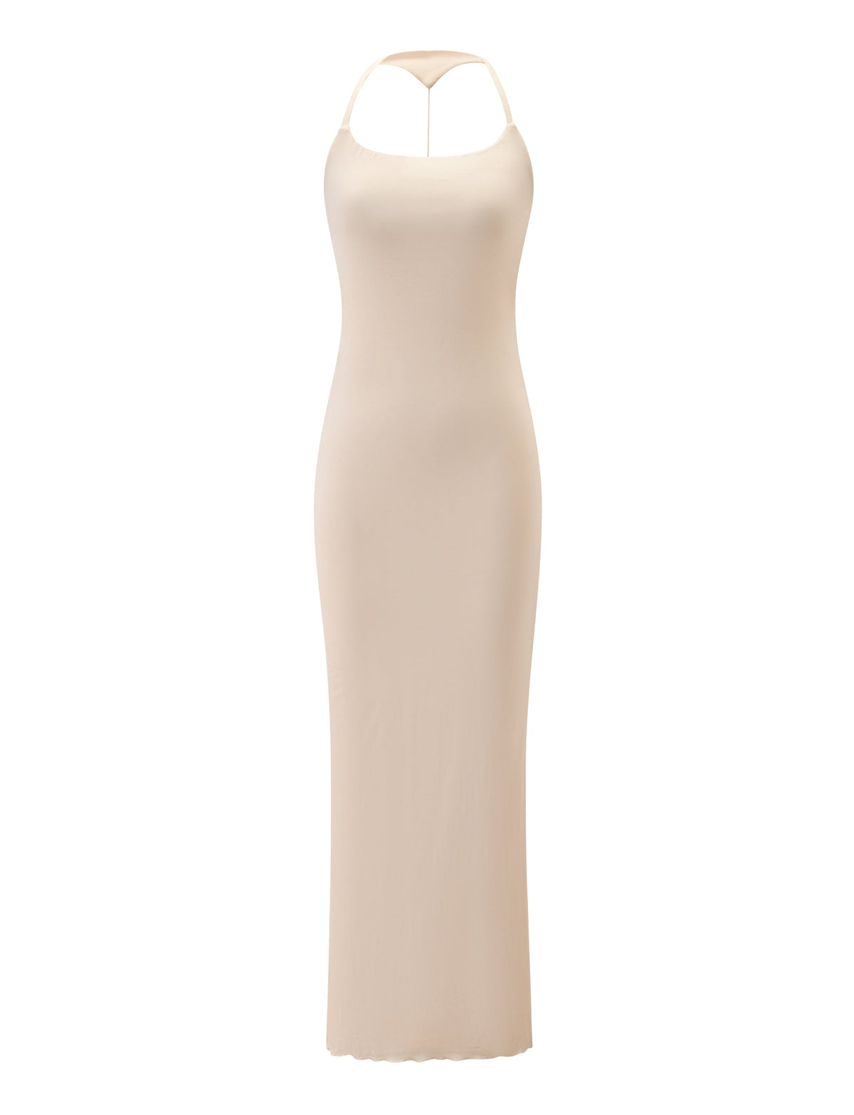 AVRA MAXI DRESS - CREAM, a cream-colored beaded halter neck maxi dress with thin spaghetti straps.