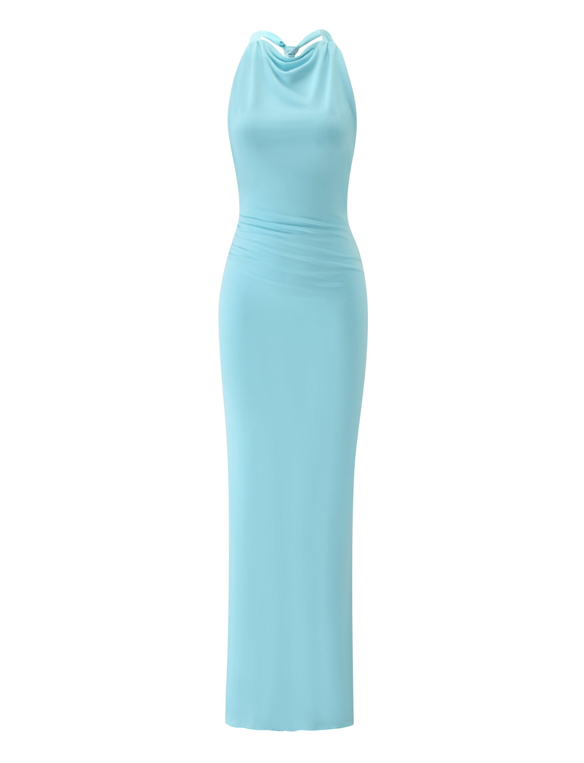 The RONI MAXI DRESS - AQUA by TIGERMIST features light blue satin, a racerback, draped neckline, fitted waist, and floor-length skirt—ideal as a destination wedding dress. Shown on a plain white background.