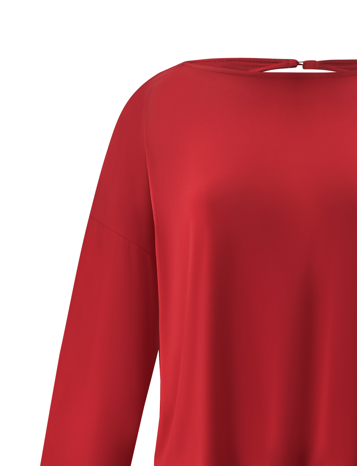 A close-up of the TIGERMIST BIANCA MINI DRESS in red, featuring long sleeves, a boat neckline, and a subtle keyhole opening at the back—an elegant detail evocative of an open back dress.