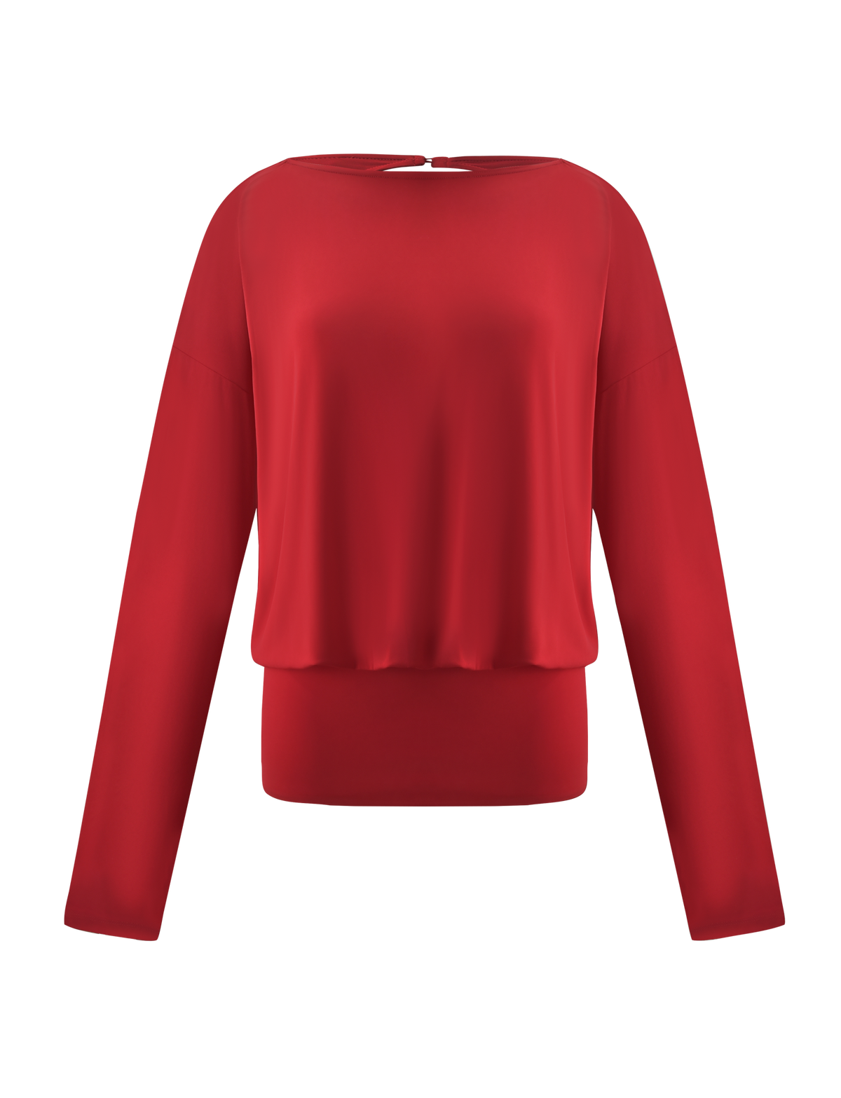 A long-sleeve, loose-fitting red blouse with a boat neckline is displayed against a white background. Echoing the vibrant shade of the TIGERMIST BIANCA MINI DRESS - RED, this top features straight hems and sleeves, crafted from a smooth, subtly lustrous fabric.