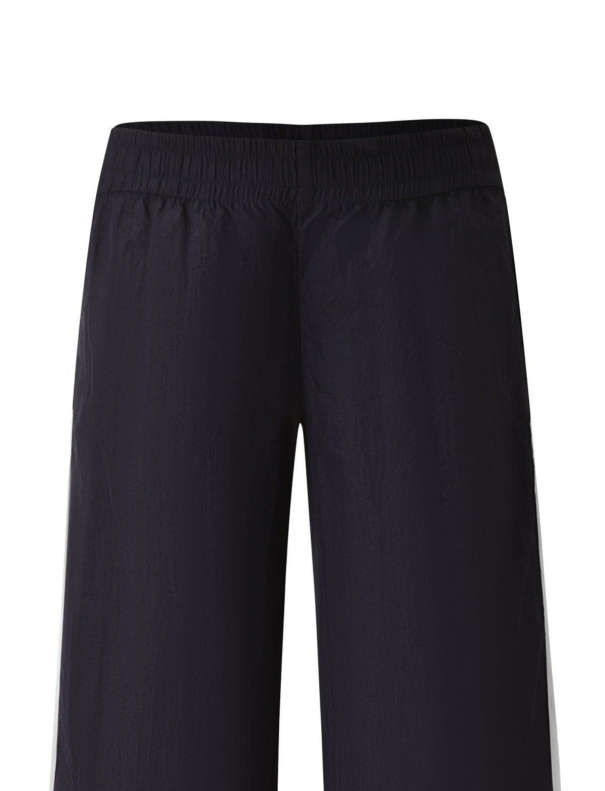 The SOPHIA WINDBREAKER CAPRI by TIGERMIST, shown in navy and white from the front against a white background, features a wide-leg silhouette and an elastic waistband. Crafted from lightweight, slightly textured windbreaker material, these capri pants provide both comfort and style.