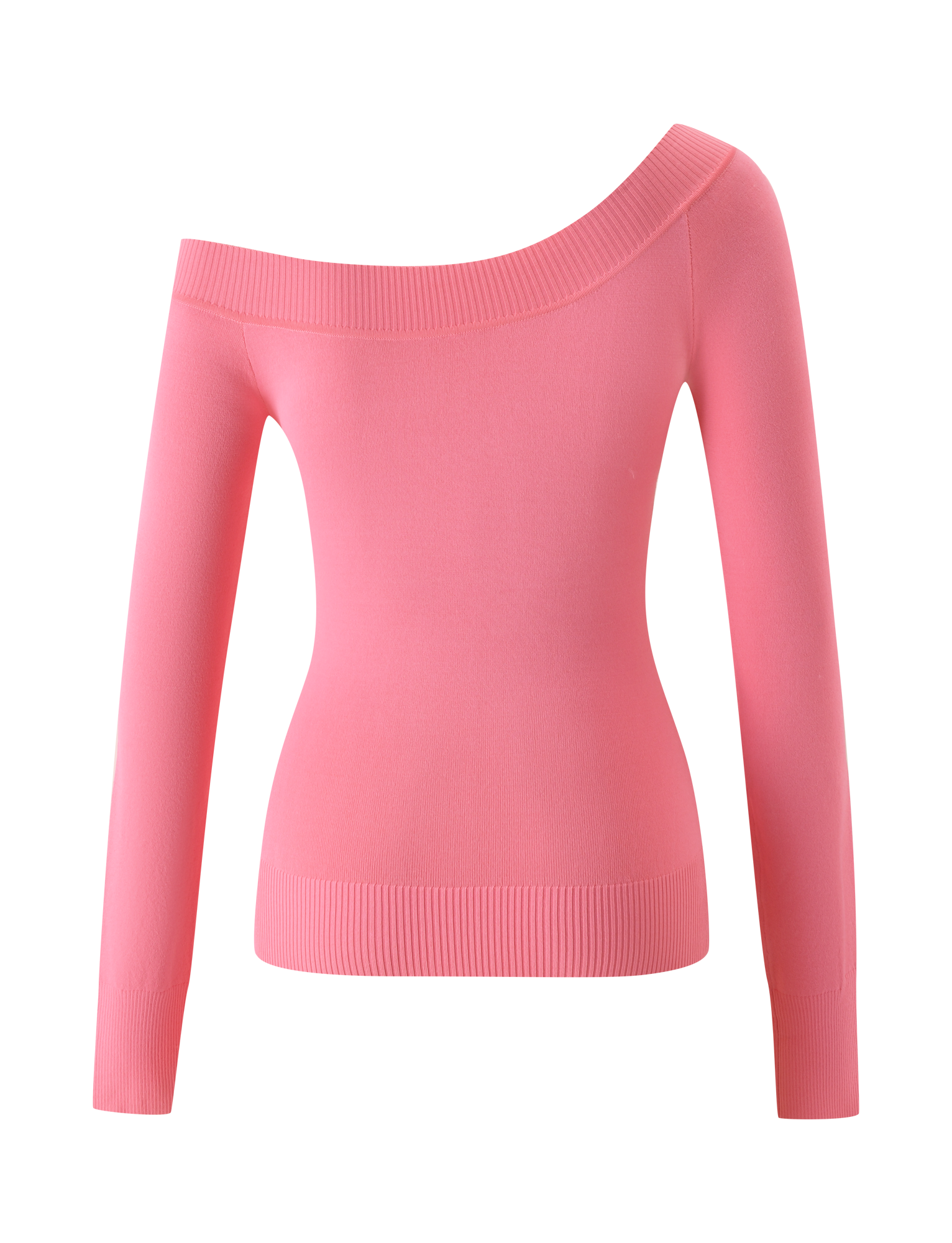 The TIGERMIST PARKER KNIT TOP in coral is a long-sleeve, off-the-shoulder sweater featuring ribbed cuffs and hem with a flattering bodycon fit, shown against a plain white background.