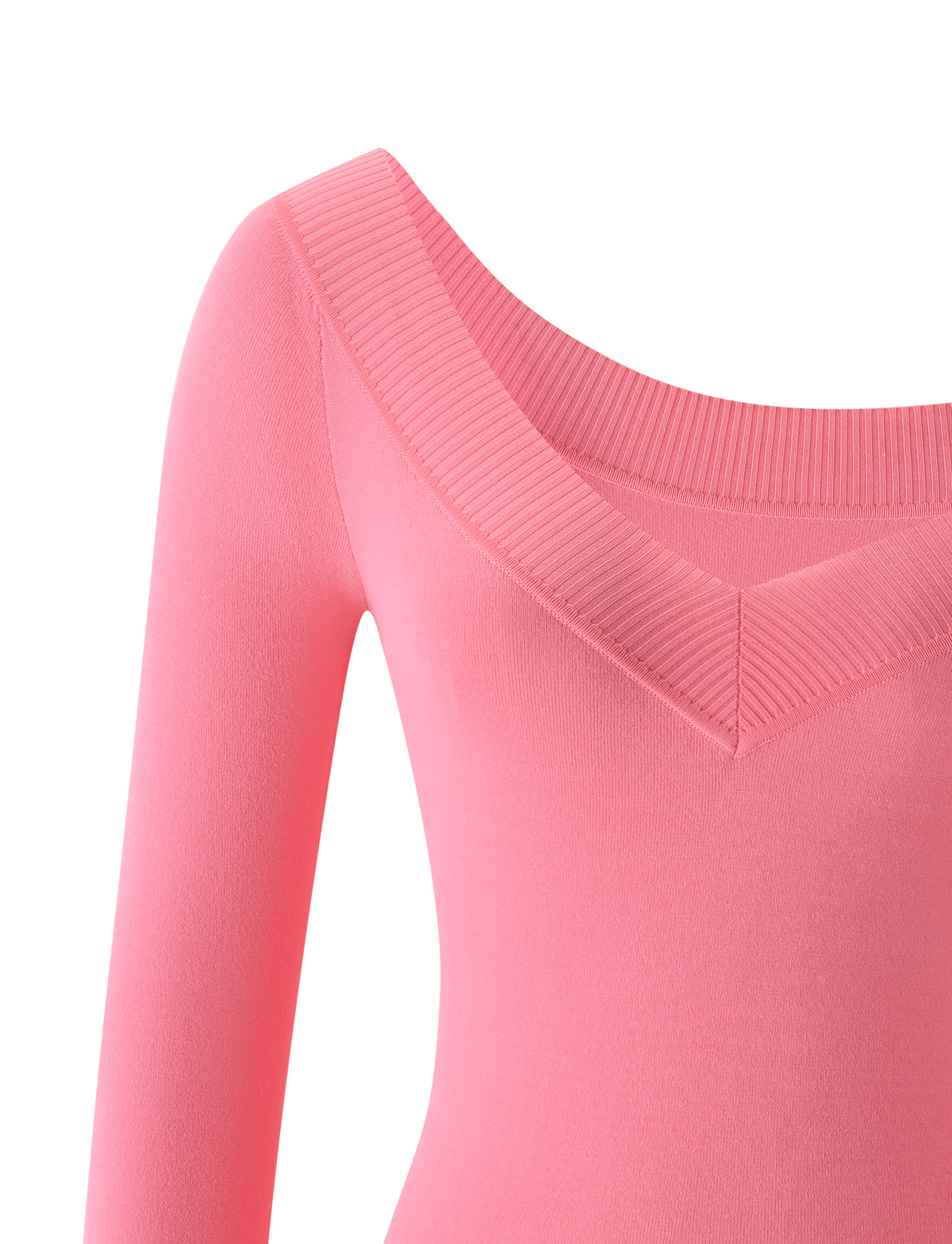 Close-up of the TIGERMIST PARKER KNIT TOP in coral, showcasing its long sleeves and wide V-neck with ribbed detailing on the neckline, displayed against a plain white background.