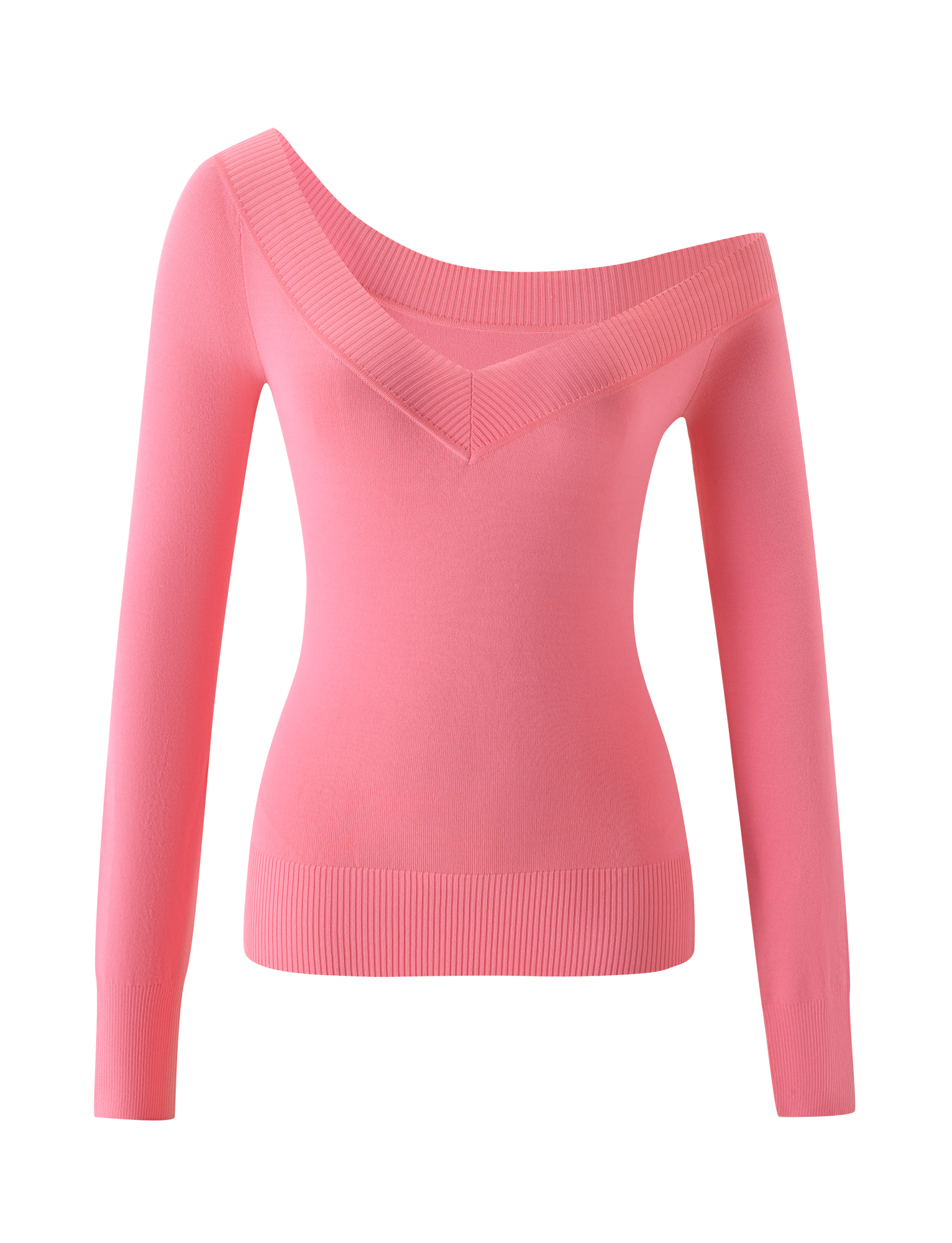 The TIGERMIST PARKER KNIT TOP in coral is a pink, long-sleeve, off-the-shoulder knit featuring ribbed cuffs and hem with a flattering bodycon fit, shown against a plain white background.