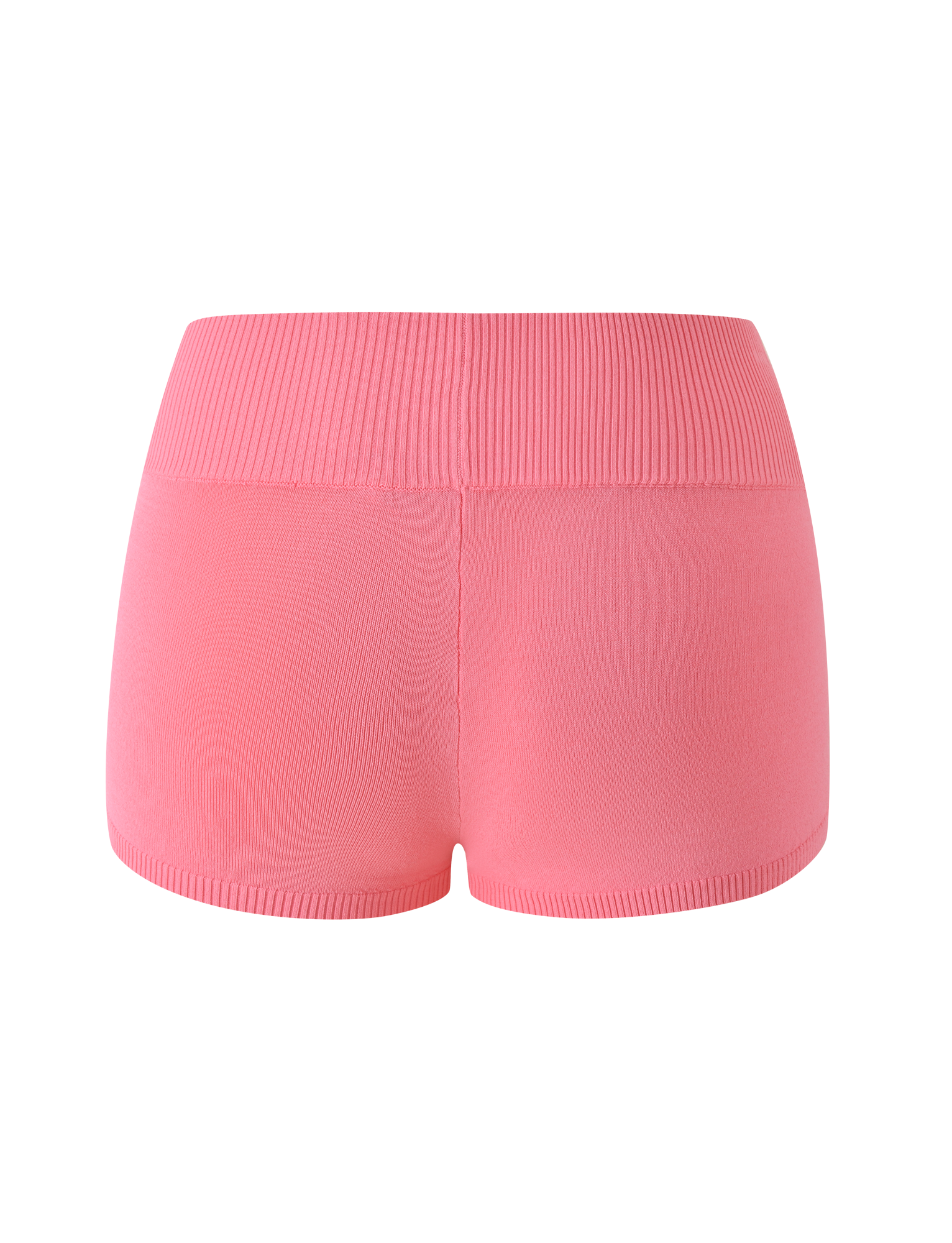 The PARKER KNIT MICRO SHORT - CORAL by TIGERMIST is crafted from a fine ribbed knit fabric in a vibrant coral hue. Shown from the back against a plain white background, these high-waisted shorts highlight the waistband and seam detailing, and feature a bodycon fit for a sleek, flattering silhouette.