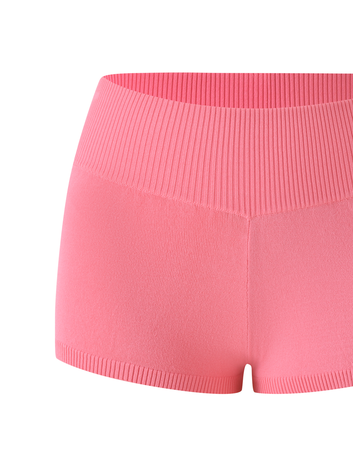 The TIGERMIST PARKER KNIT MICRO SHORT in coral features a pink ribbed, seamless design with a high waistband. Displayed against a plain white background, these bodycon-fit micro shorts are crafted from fine, stretchy knit fabric for a form-fitting look.