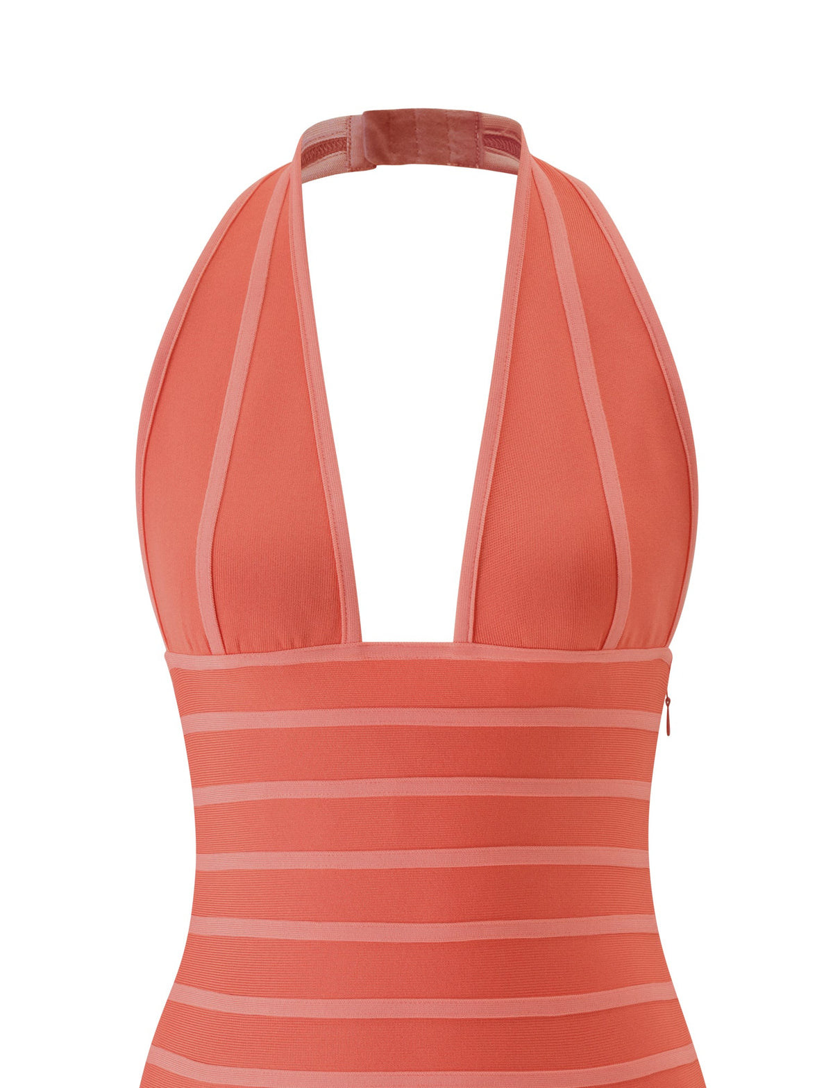 A coral bandage mini dress called the BRIGIT by TIGERMIST, featuring a halter neckline and stylish design, is displayed from the front against a plain white background.