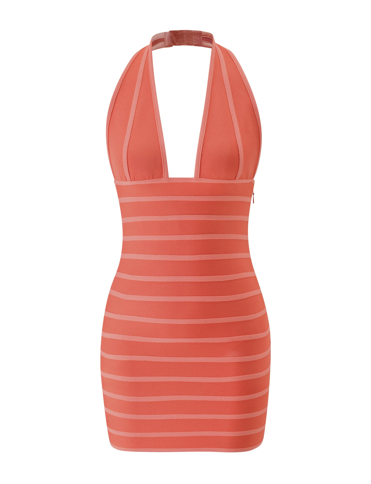 The BRIGIT BANDAGE MINI DRESS in coral by TIGERMIST is a sleeveless, halter-neck mini dress featuring horizontal sheer stripes and a deep V-neckline, perfect for making a statement on holiday. Shown against a plain white background.