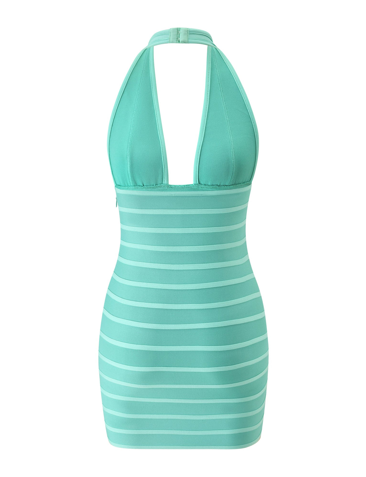 The BRIGIT BANDAGE MINI DRESS - TEAL by TIGERMIST is a sleeveless, form-fitting mini dress featuring a halter neck and deep V-neckline. Designed with horizontal light and dark teal stripes, this chic piece is perfect for a beach club look and is displayed on a white background.