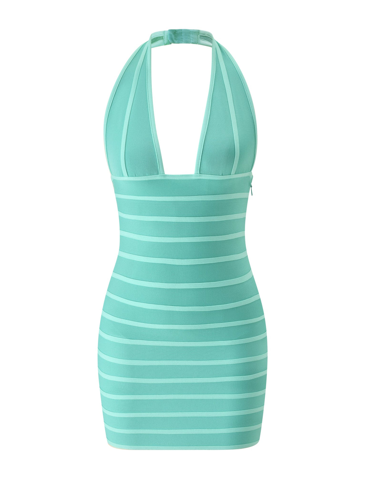 The BRIGIT BANDAGE MINI DRESS - TEAL by TIGERMIST is a sleeveless halter neck mini dress in aqua blue with white horizontal stripes and a deep V-neckline, perfect as a chic beach club outfit, shown on a white background.