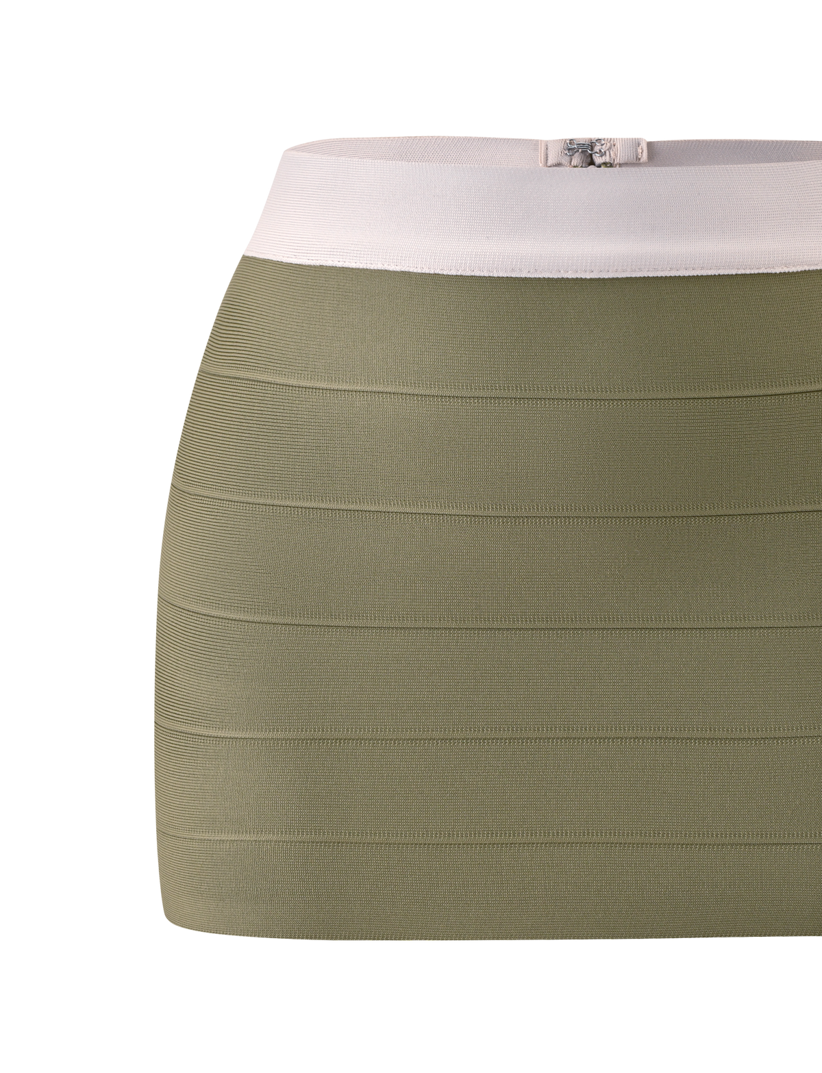 The ELEANOR BANDAGE MINI SKIRT by TIGERMIST features a short, olive green body with horizontal ribbing and a wide ivory waistband. Designed in a flattering bodycon silhouette, this mini skirt is photographed against a white background.
