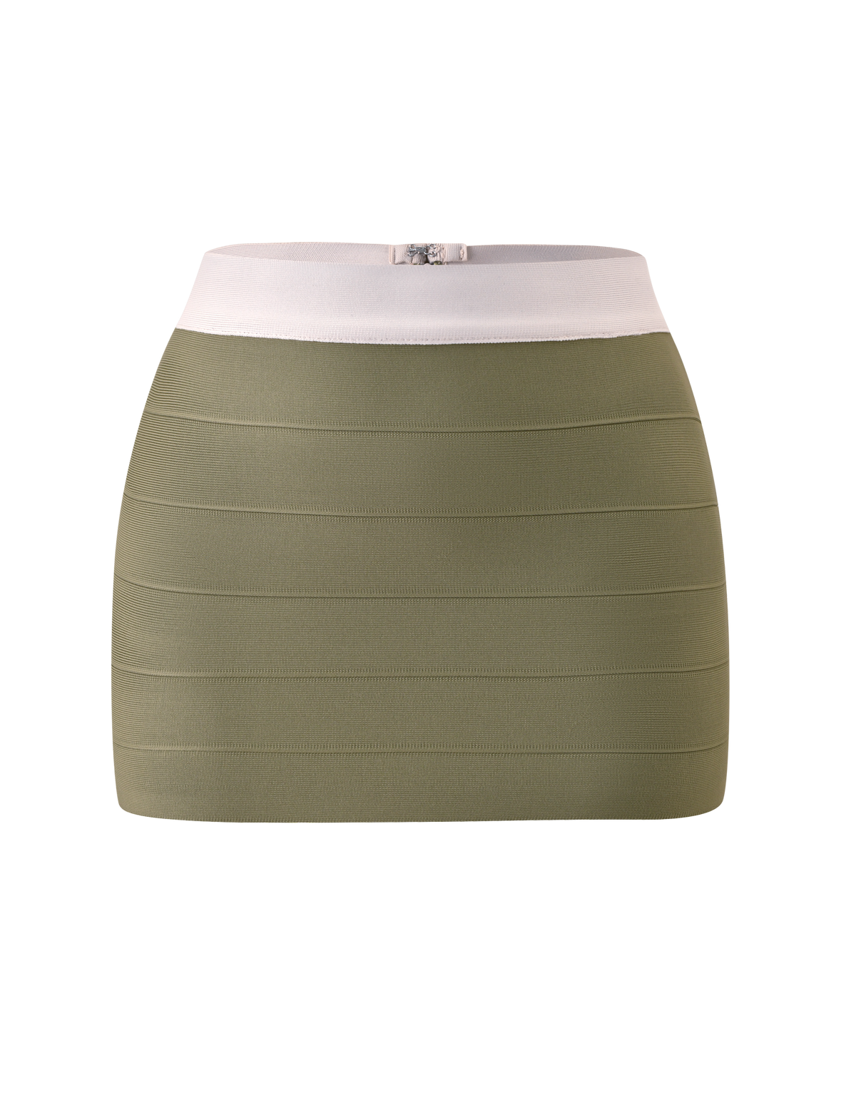 Introducing the ELEANOR BANDAGE MINI SKIRT - OLIVE AND IVORY by TIGERMIST: a short, fitted mini skirt featuring an olive green body with horizontal stitching details and a wide ivory waistband. Displayed against a plain white background.