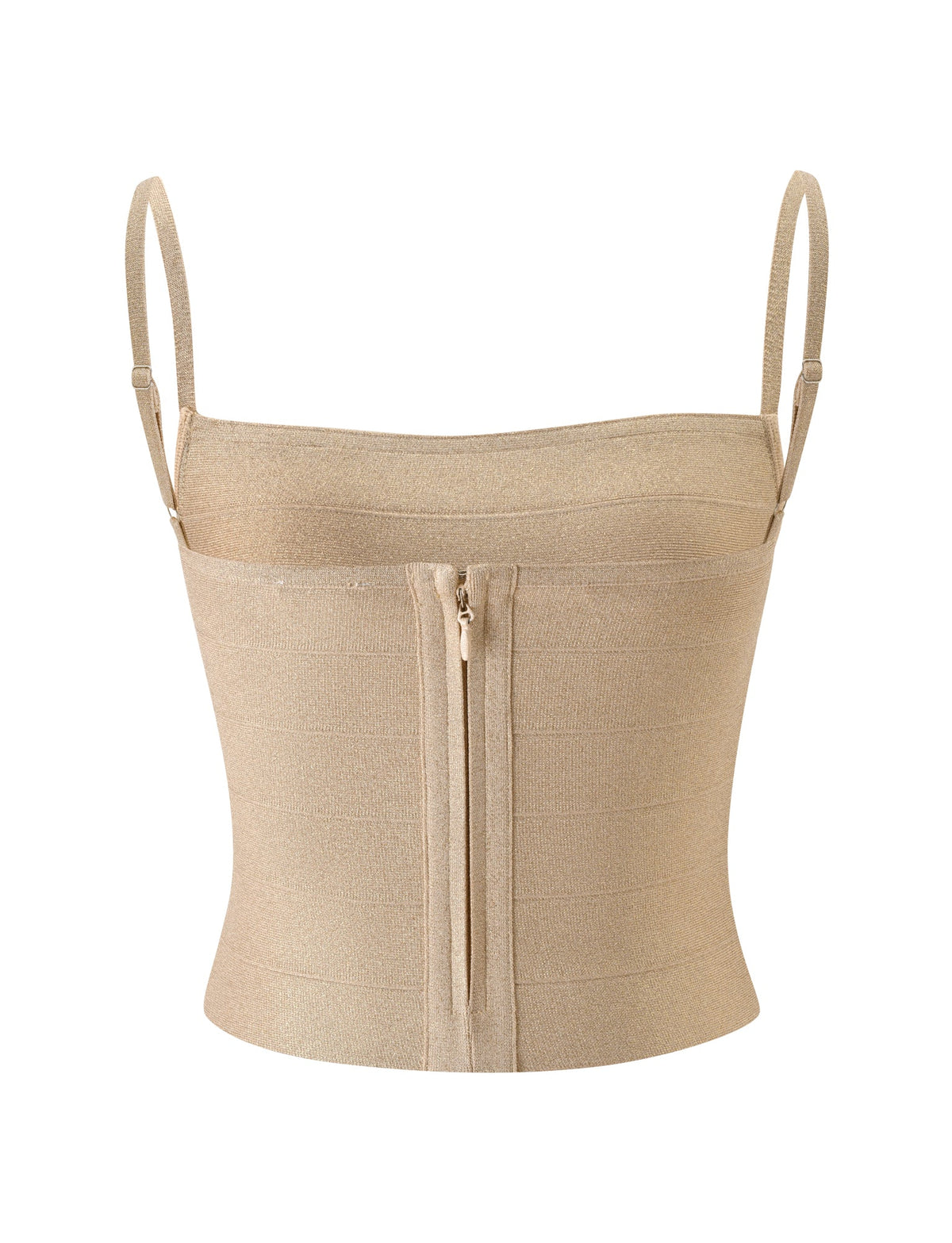MIDORI BANDAGE TOP - GOLD SPARKLE shimmery gold bandage top featuring a bodycon fit, thin spaghetti straps, and a central front zipper.