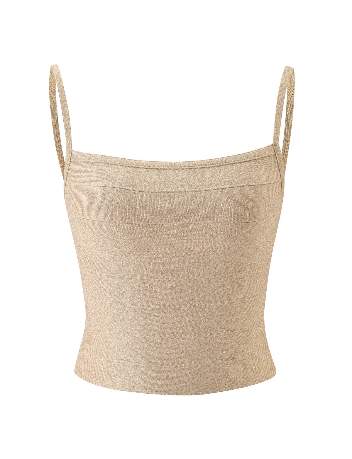 MIDORI BANDAGE TOP - GOLD SPARKLE: Shimmering gold spaghetti-strap bandage crop top with a square neckline and a bodycon fit.
