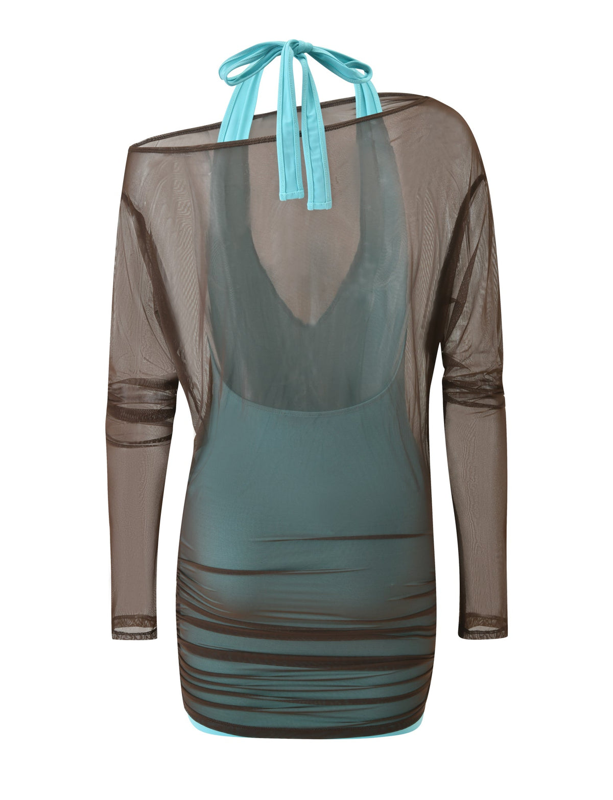 The TigerMist ELSEY TWO PIECE MINI DRESS - CHOCOLATE AND AQUA features a turquoise halter-neck mini dress worn under a sheer, long-sleeved brown mesh overlay.