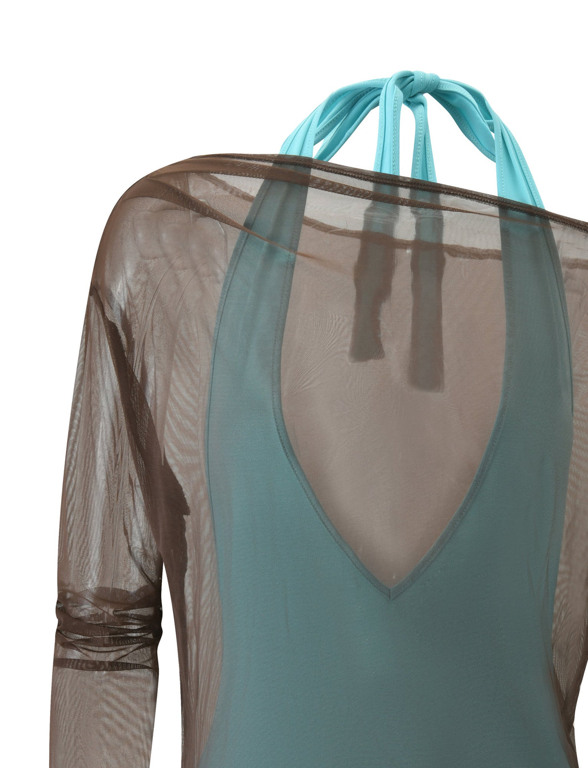 The ELSEY TWO PIECE MINI DRESS - CHOCOLATE AND AQUA features a brown sheer mesh overlay top worn over an aqua-colored sleeveless mini dress with a halter neckline.