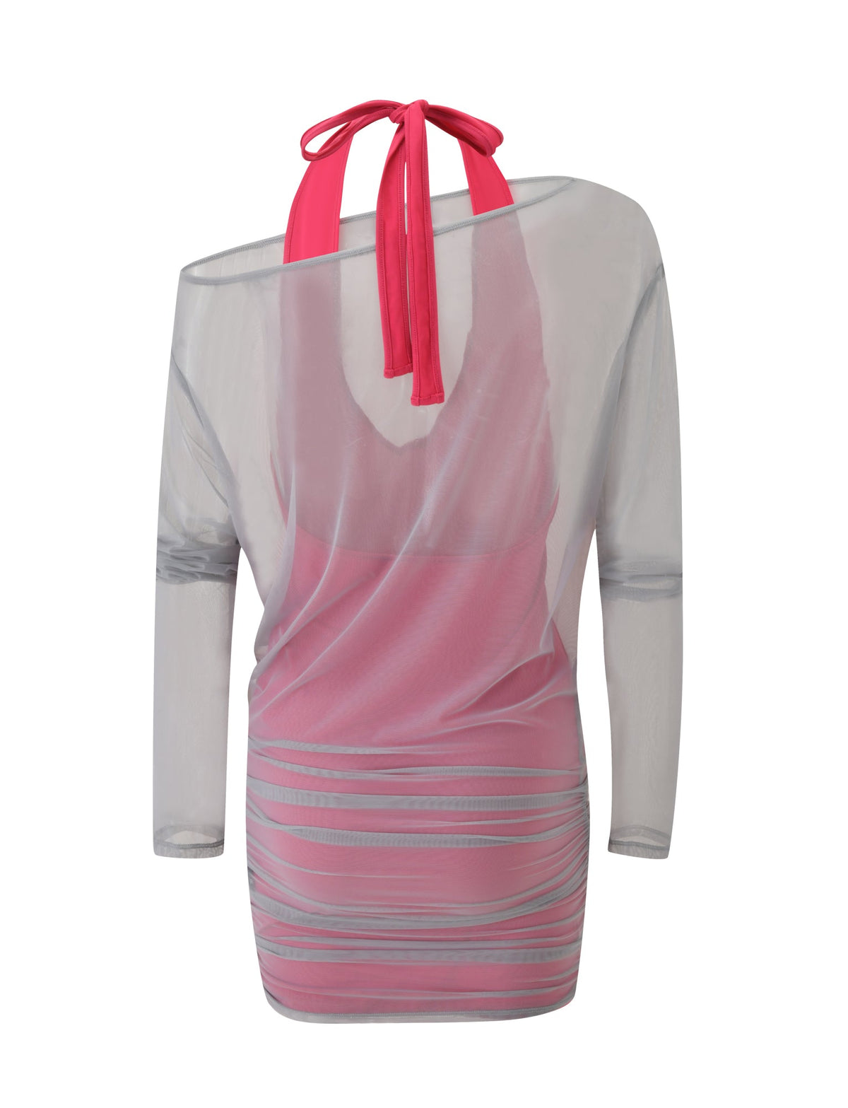 The ELSEY TWO PIECE MINI DRESS - GREY AND PINK features a pink bodycon mini dress with a halter neckline worn under a sheer, grey long-sleeved off-the-shoulder top.