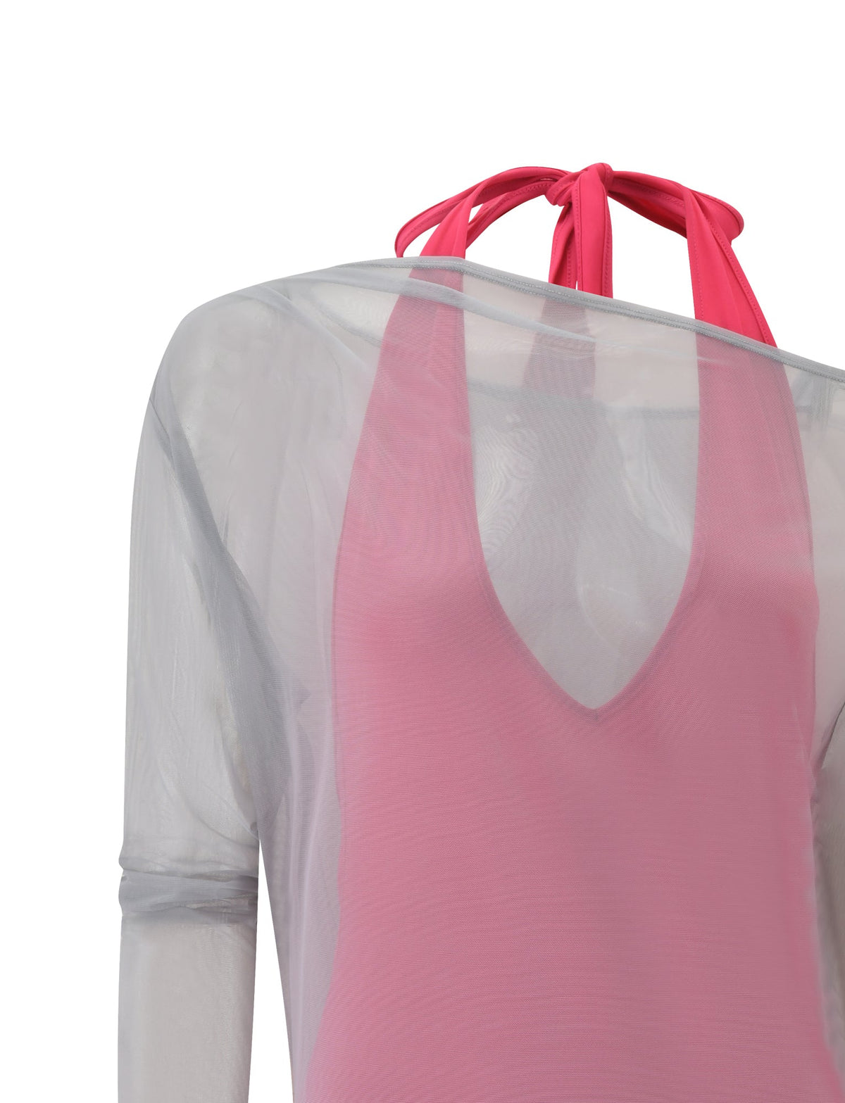 The ELSEY TWO PIECE MINI DRESS - GREY AND PINK features a pink bodycon mini dress worn under a sheer grey long-sleeve top.