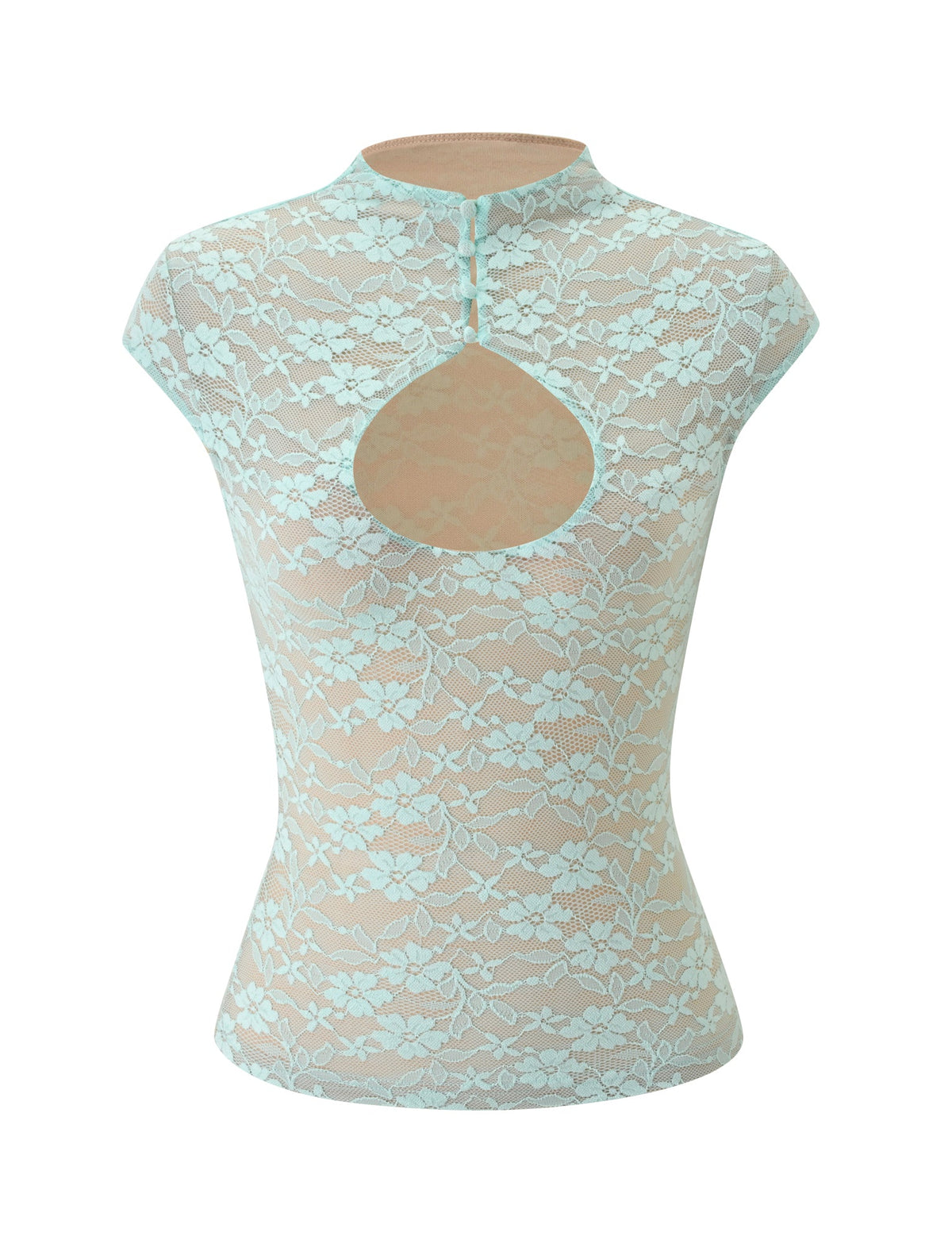 KINLEY TOP - MINT: a mint green stretch lace cap-sleeve top with a high neckline, button closures, and a teardrop cutout on the back in a bodycon silhouette.
