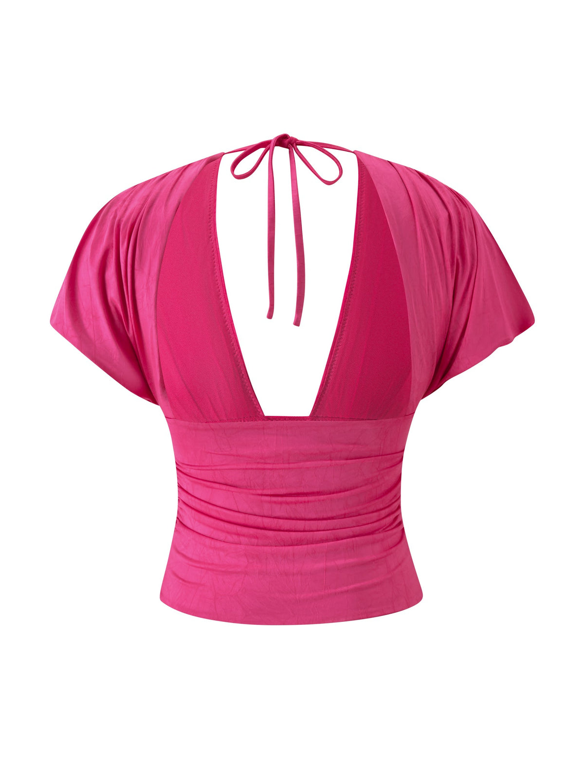 LORELAI TOP - FUCHSIA jersey top featuring a plunging V-neckline, short sleeves, and a ruched waist with a tie at the back of the neck.