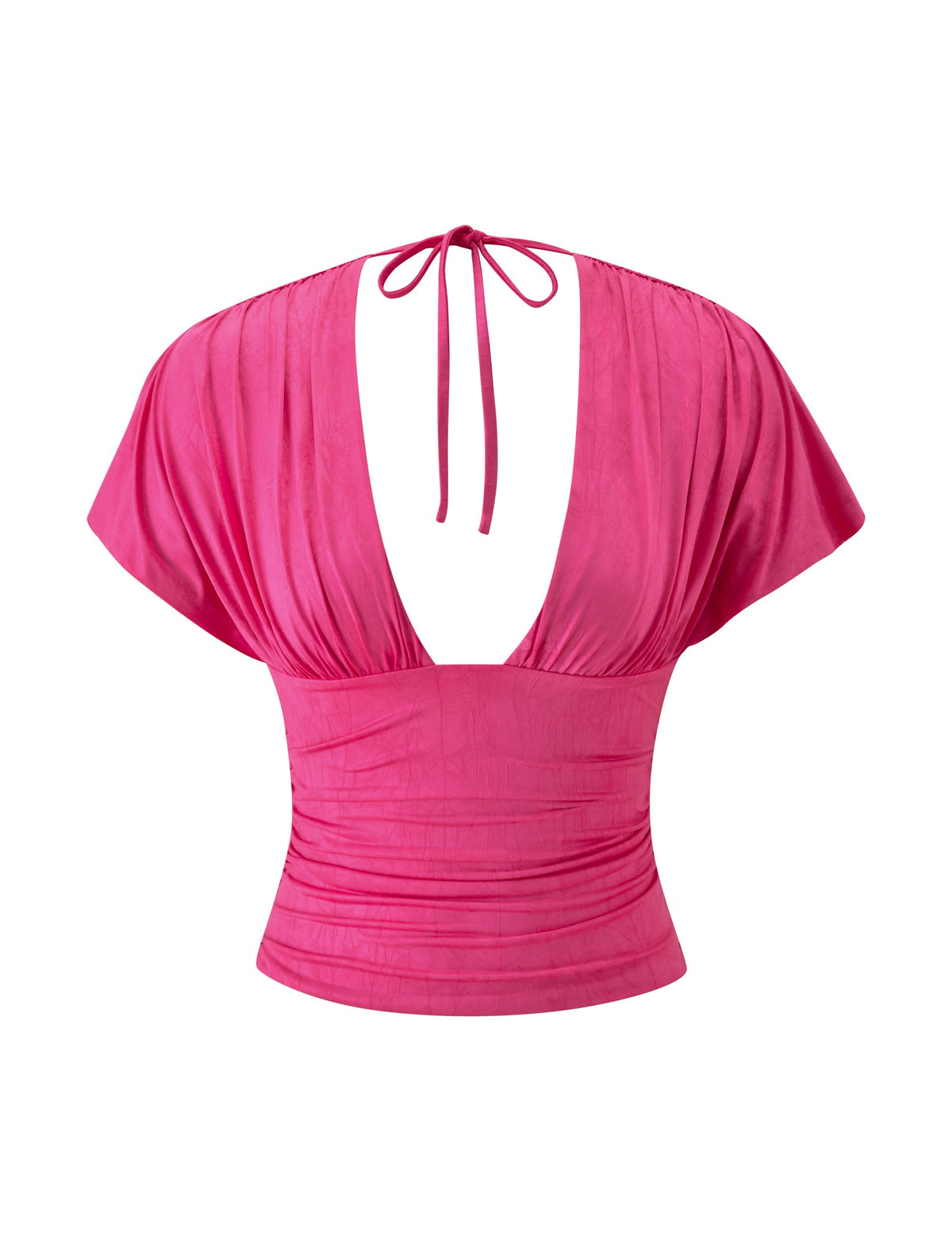 LORELAI TOP - FUCHSIA jersey top with a plunging V-neckline, short sleeves, and a tie-back closure.