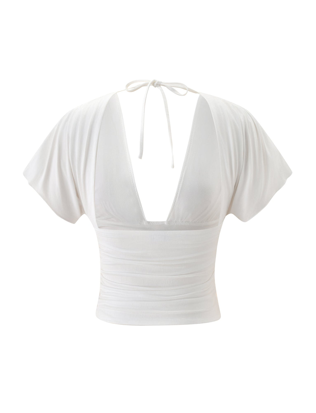 LORELAI TOP - IVORY in an ivory white jersey featuring a plunging V-neckline, short sleeves, and a fitted ruched waist with a tie at the back of the neck.
