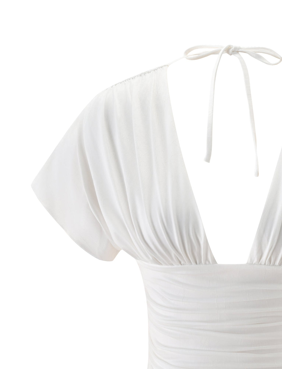 Ivory LORELAI TOP short-sleeve jersey top featuring a plunging V-neckline and a tie-back halter neck with a fitted ruched waist.