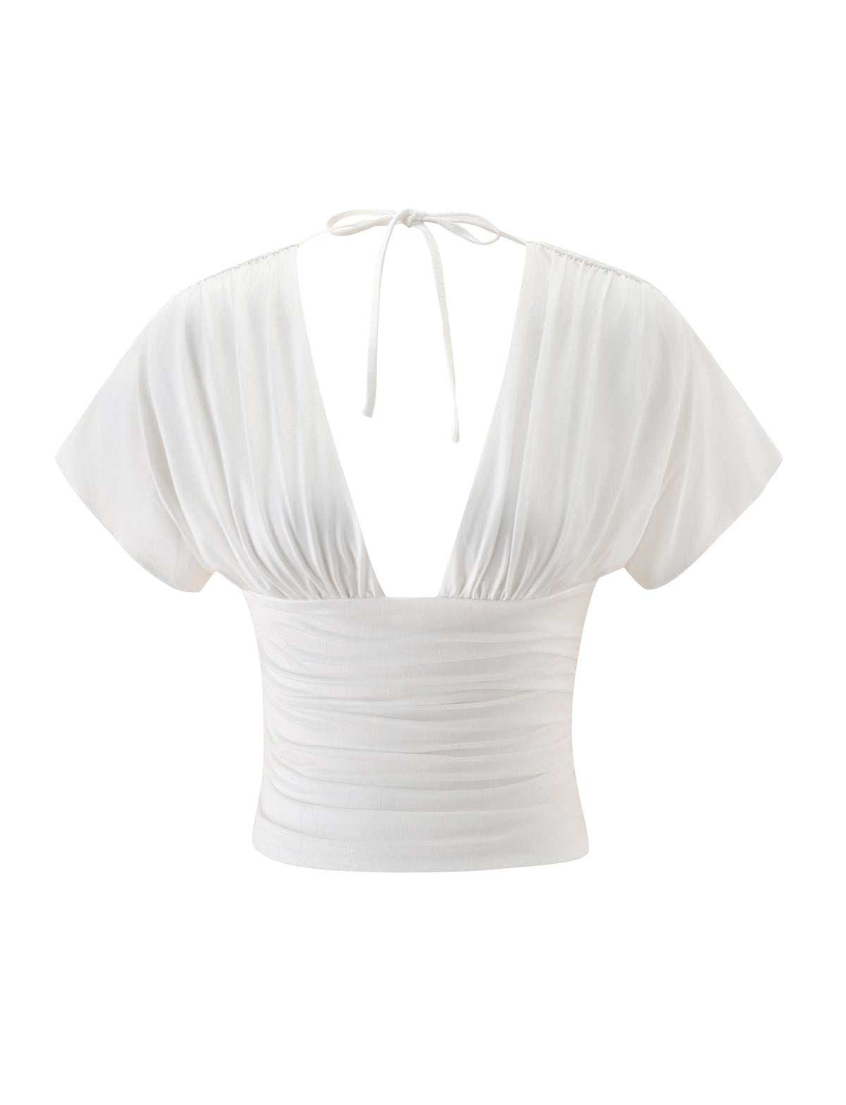 Ivory LORELAI TOP - IVORY short-sleeve jersey top featuring a plunging V-neckline and a fitted ruched waist with a tie-back closure.