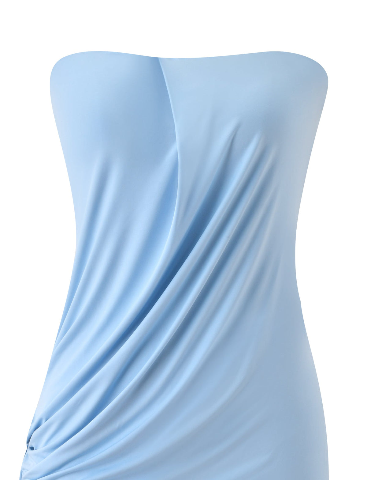 LEIGHTON MINI DRESS - BLUE strapless baby blue mini dress with a draped, gathered detail at the hip.