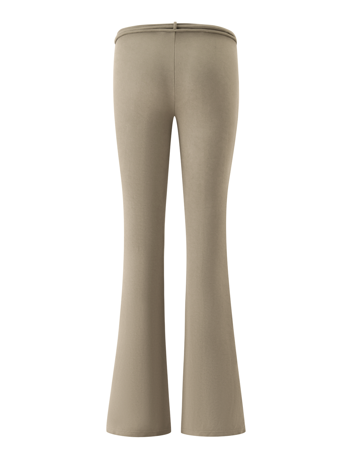 Back view of olive green cupro KHORA PANT - OLIVE flared trousers with a fold-over waistband.