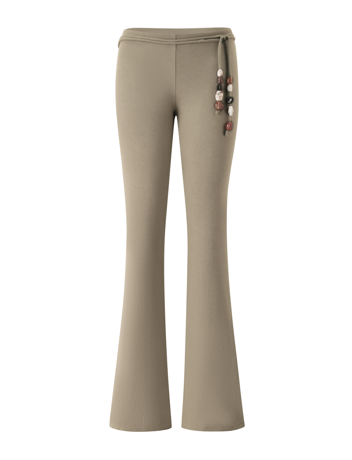 KHORA PANT - OLIVE: olive green cupro flared pants with a thin, beaded self-belt tie waist.