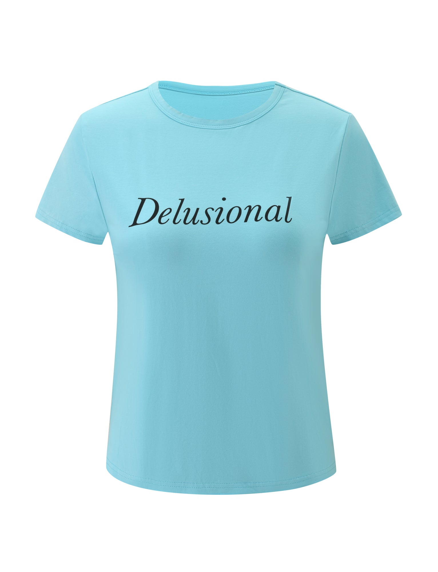 The DANIELLE TEE - TURQUOISE by TIGERMIST is a light blue short-sleeve graphic t-shirt featuring the word “Delusional” in black cursive font across the chest. This vintage boxy tee is displayed against a plain white background.