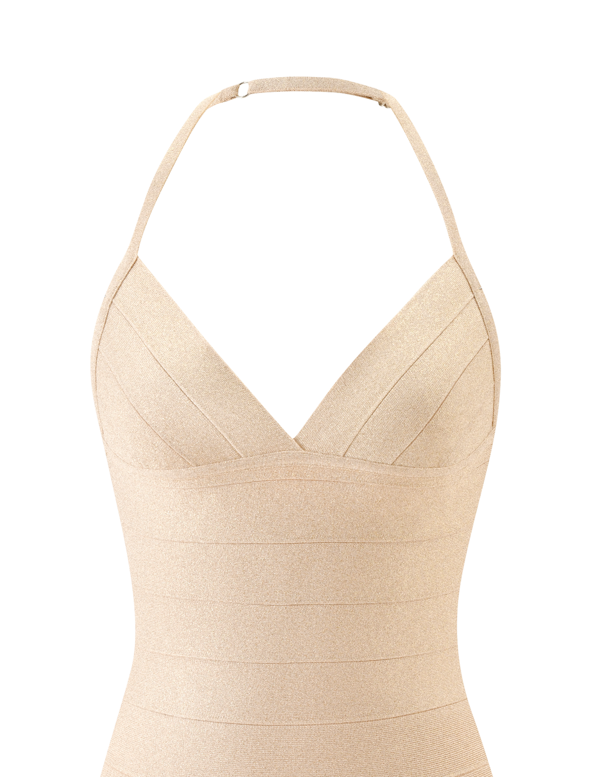 A sleeveless gold DALIA BANDAGE MINI DRESS - GOLD SHIMMER in a bandage style with a V-neckline and a halter neck strap.