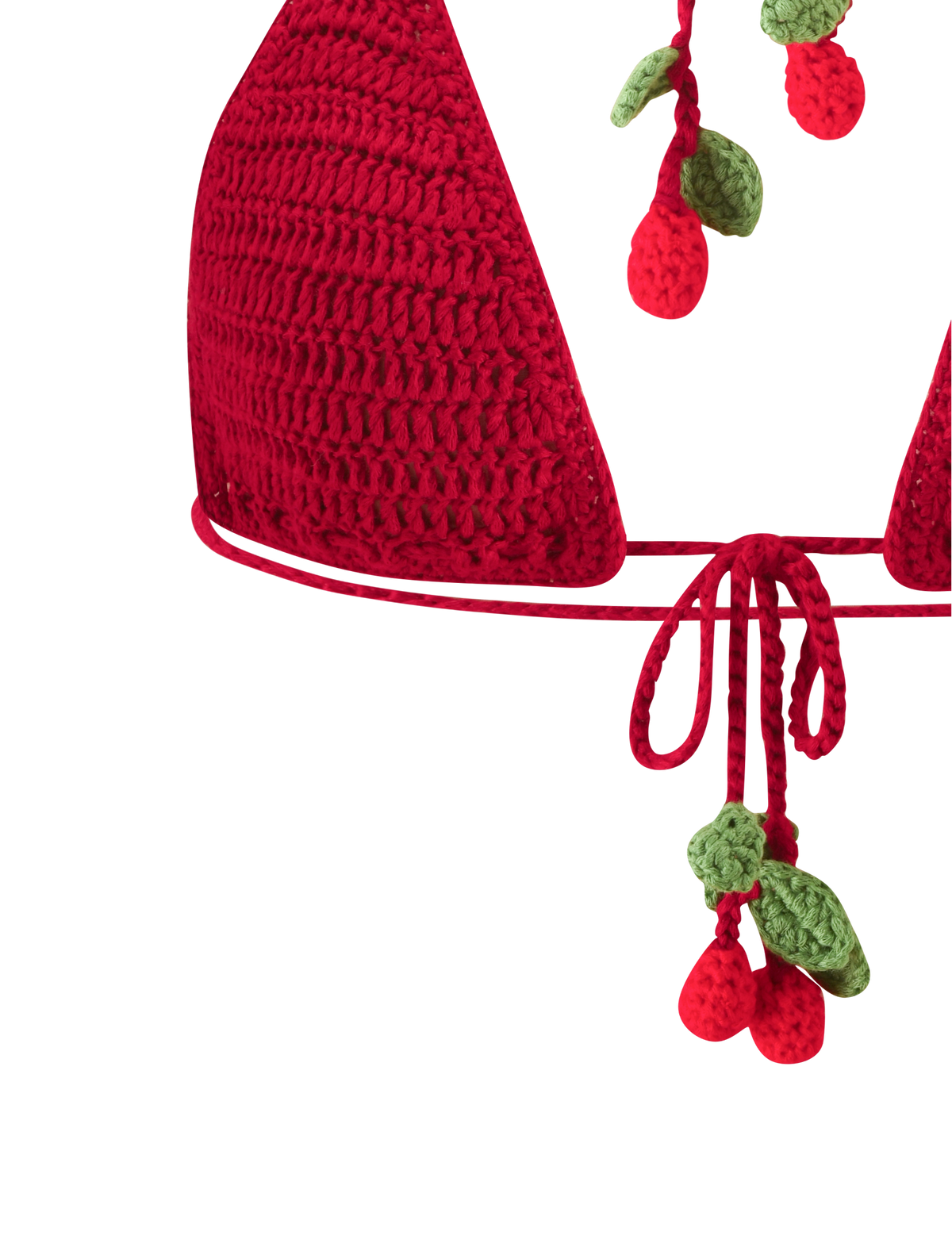 CHERRY CROCHET BIKINI TOP - CHERRY in a red triangle crochet silhouette, accented with dangling cherry-shaped charms featuring red fruit and green leaves.