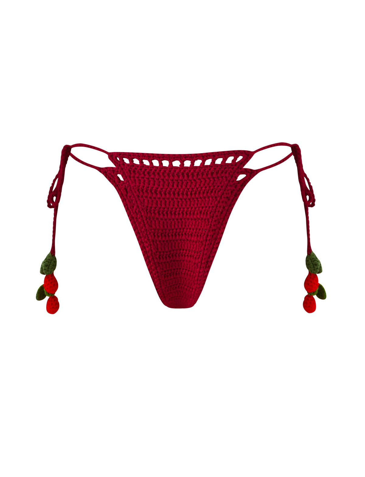 CHERRY CROCHET BIKINI BOTTOM - CHERRY in red crochet with adjustable side ties and small cherry-shaped embellishments.