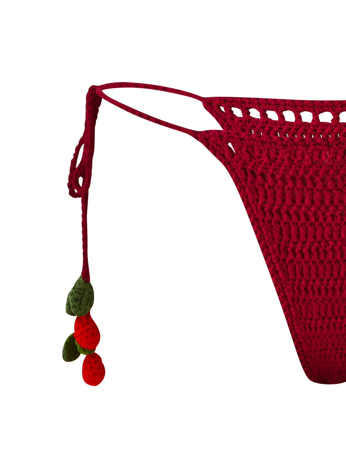 CHERRY CROCHET BIKINI BOTTOM - CHERRY in red crochet with adjustable side ties featuring small cherry-shaped accents.