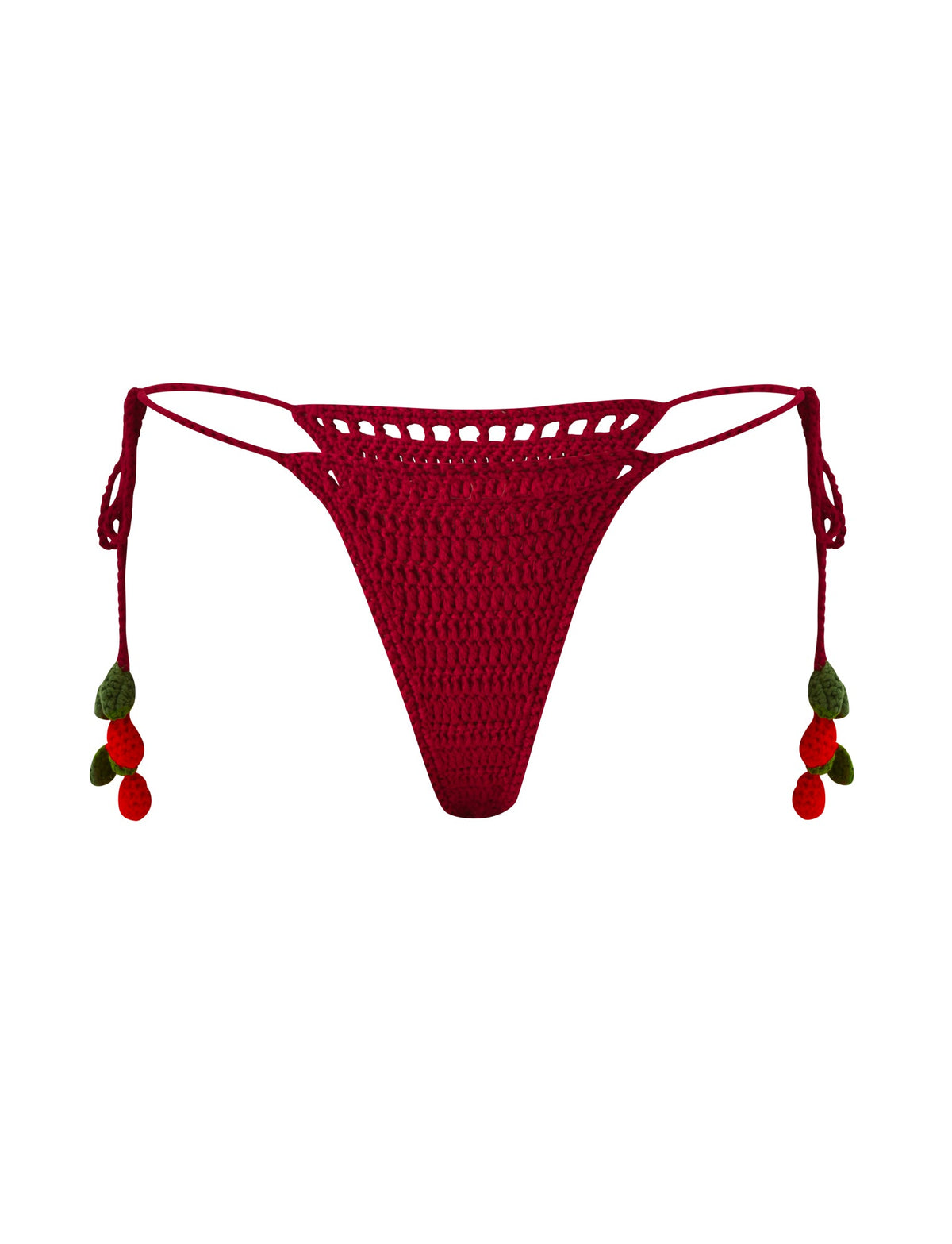 Dark red CHERRY CROCHET BIKINI BOTTOM - CHERRY featuring adjustable side ties with small cherry-shaped charms.