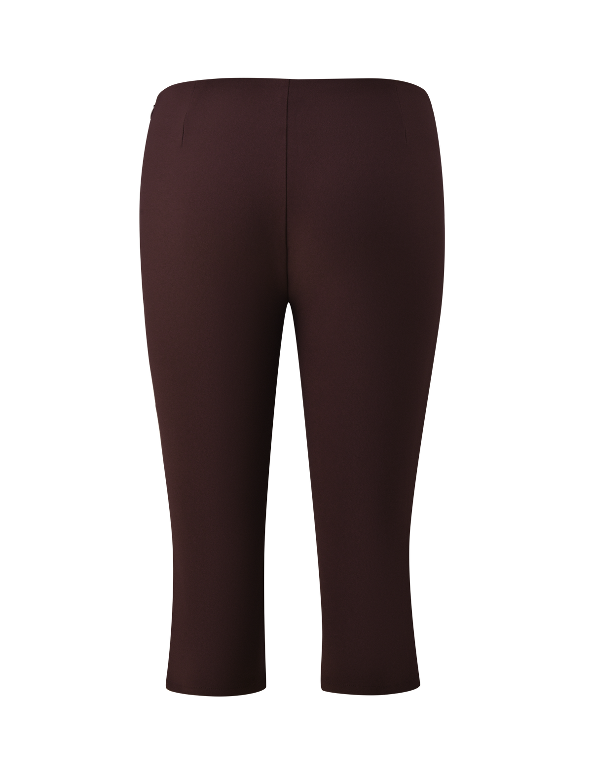 Back view of the chocolate KITTIE BUCKLE CAPRI pants.