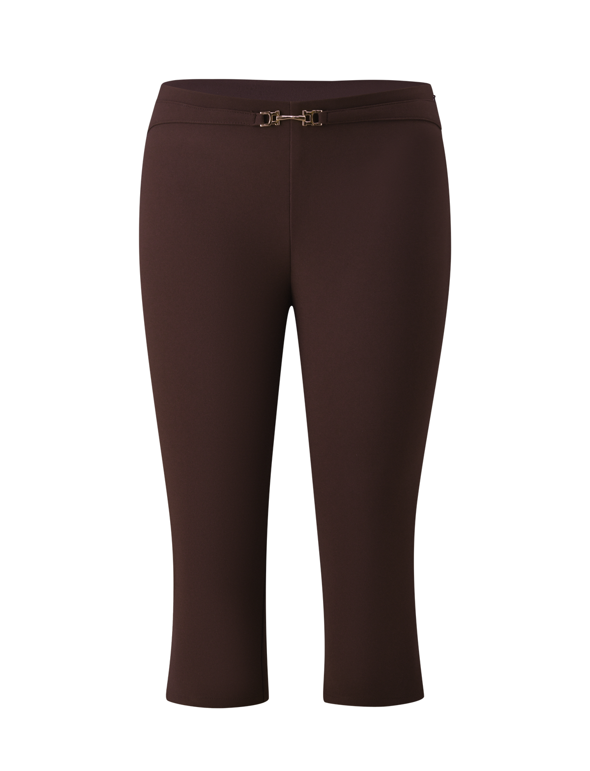 Chocolate brown KITTIE BUCKLE CAPRI - CHOCOLATE cropped trousers featuring a gold-tone horsebit buckle detail at the waist.