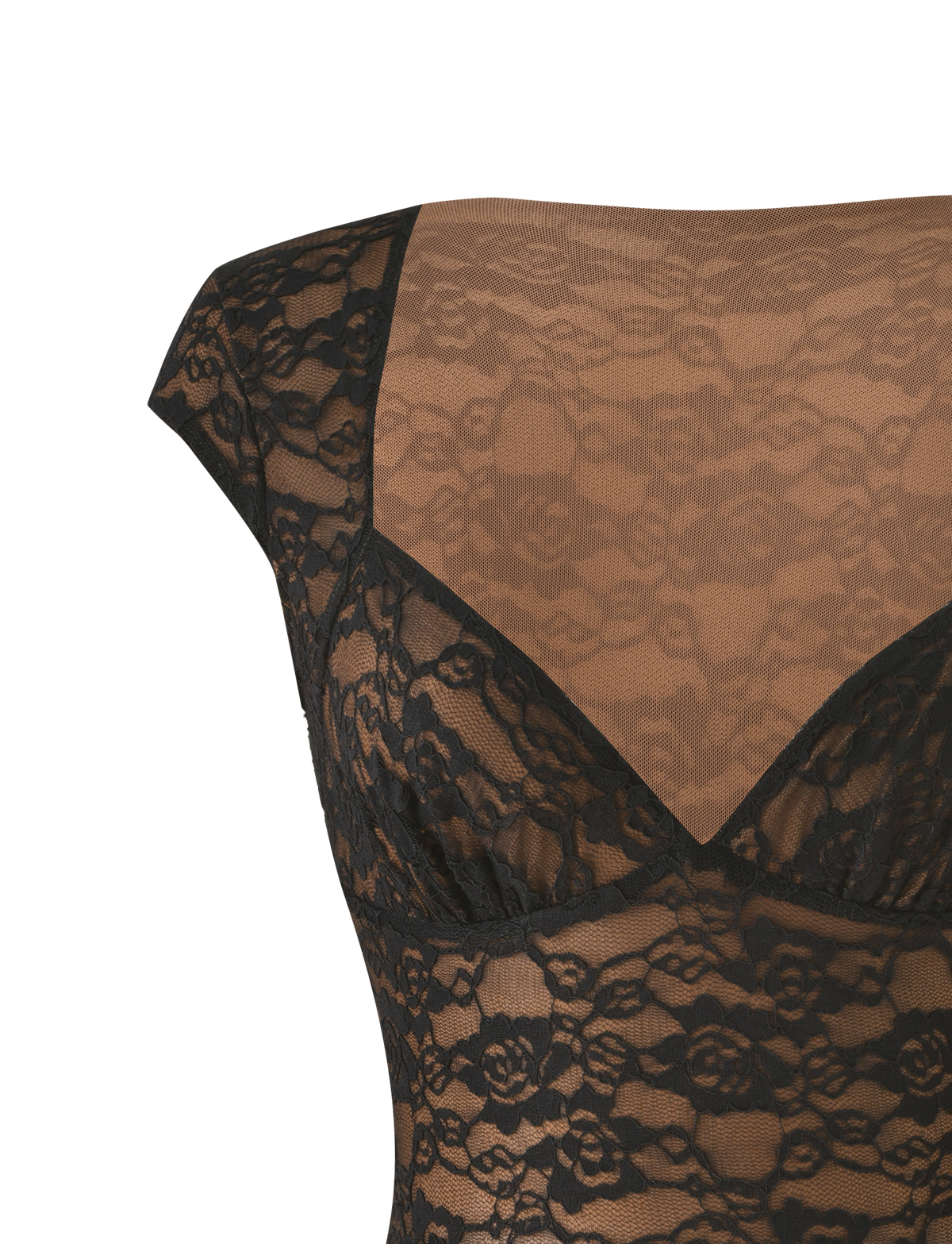 Black MAREN 2.0 TOP - BLACK lace cap-sleeve top featuring a sweetheart neckline.