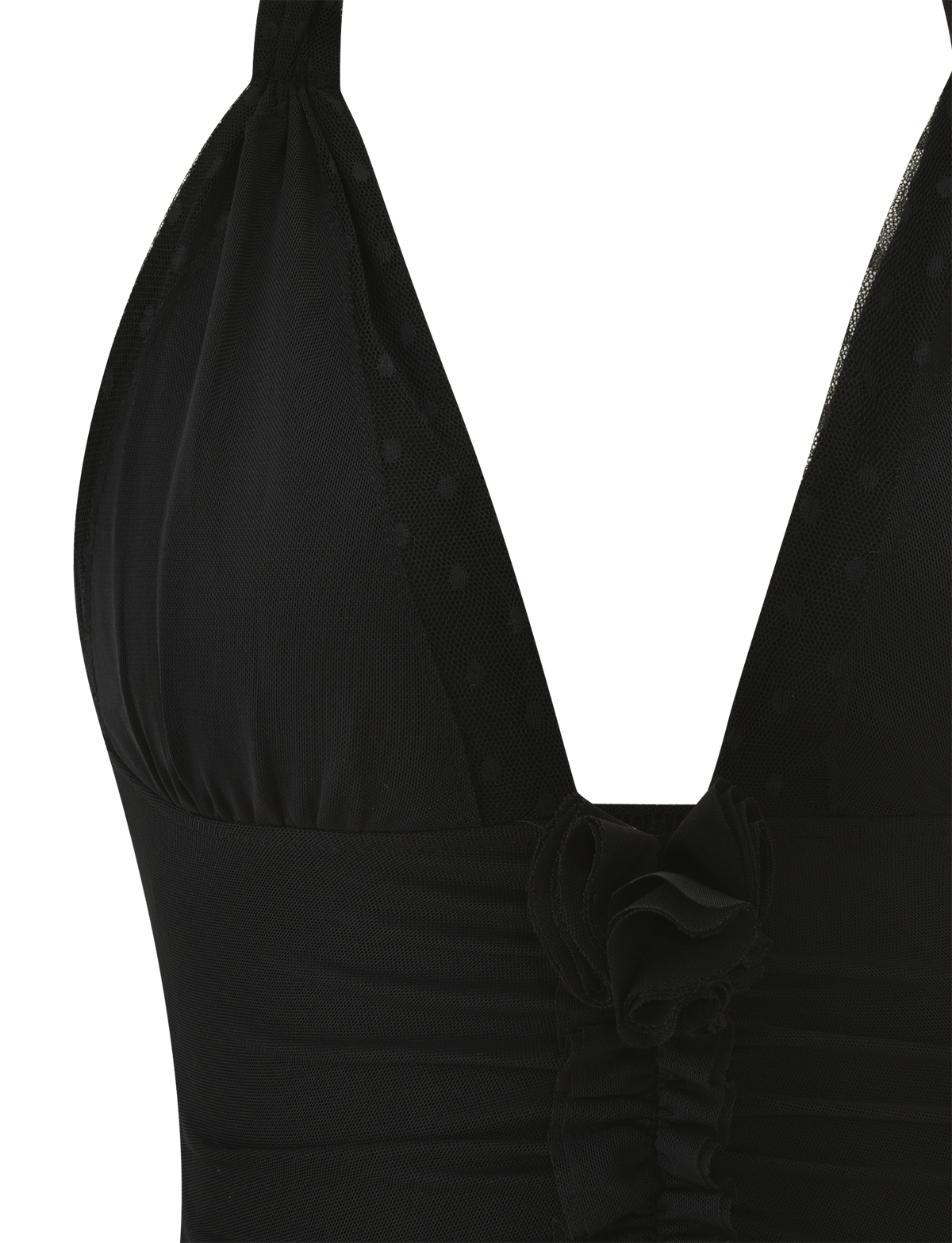 NINAH TOP - BLACK in a bodycon halter-neck style with a deep V-neckline, point d’esprit mesh detailing, and a rosette accent at the center.
