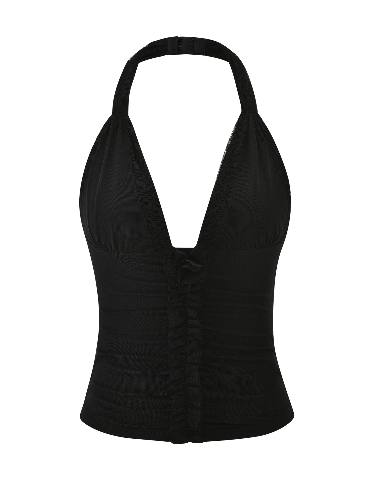 NINAH TOP - BLACK halter-neck top in black point d’esprit mesh, featuring a bodycon fit, deep V-neckline, and a vertical ruffle detail down the center.