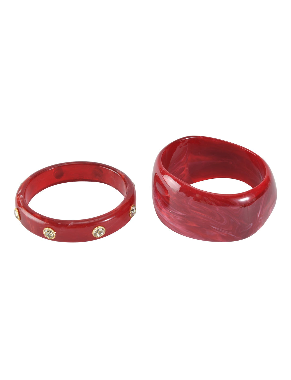 The COLE BANGLE SET - DEEP RED by TIGERMIST features two red resin rings: a slim one with gold studs and an extra wide marbled bangle, both shown on a white background.